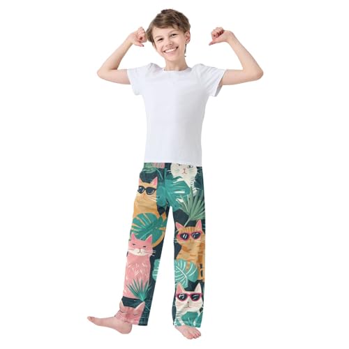 Tropical Palm Tree Cat Boys Long Pants Soft Trousers Elastic Waist Kids Lounge Bottoms with Pockets S-XL3