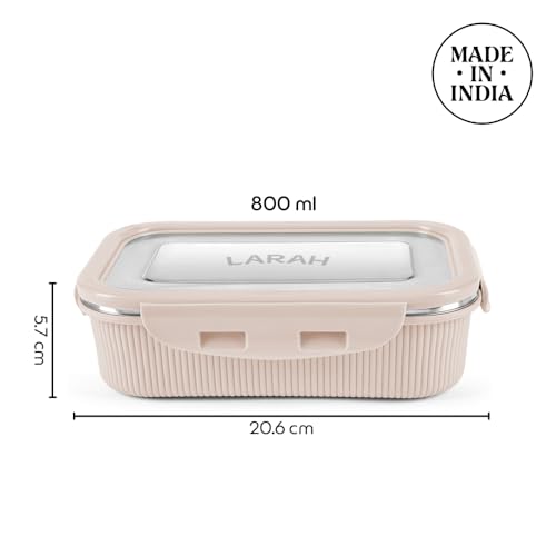 Image of Larah by BOROSIL Freshbyte Food Storage Container with Airtight Stainless Steel Lid | Fridge Container for Lunchbox | Food Grade | Microwave Safe (Beige, 800 ml, Rectangular)