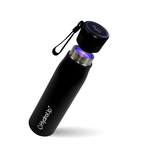 Selbstreinigende Trinkflasche mit smartem Deckel für Temperaturanzeige & Trinkerinnerung - aus hochwertigem Edelstahl (Schwarz, 500 ml)