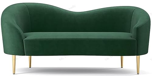 Image of Rosewood Luxury Curved Sofa in Premium Velvet-Fabric | Solid Wood Structure | High Density Foam | Sturdy Golden Legs | Comfortable & Stylish Couch for Modern Living Room (Green, 2 Seater)