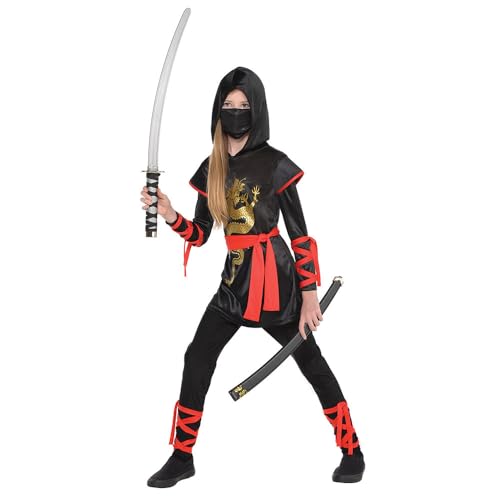 Black & Red Ninja Costume Set for Kids - Extra Large (14-16), 1 Set (Hooded Tunic, Face Mask, Belt, Leggings) - Perfect for Costume Parties and Events