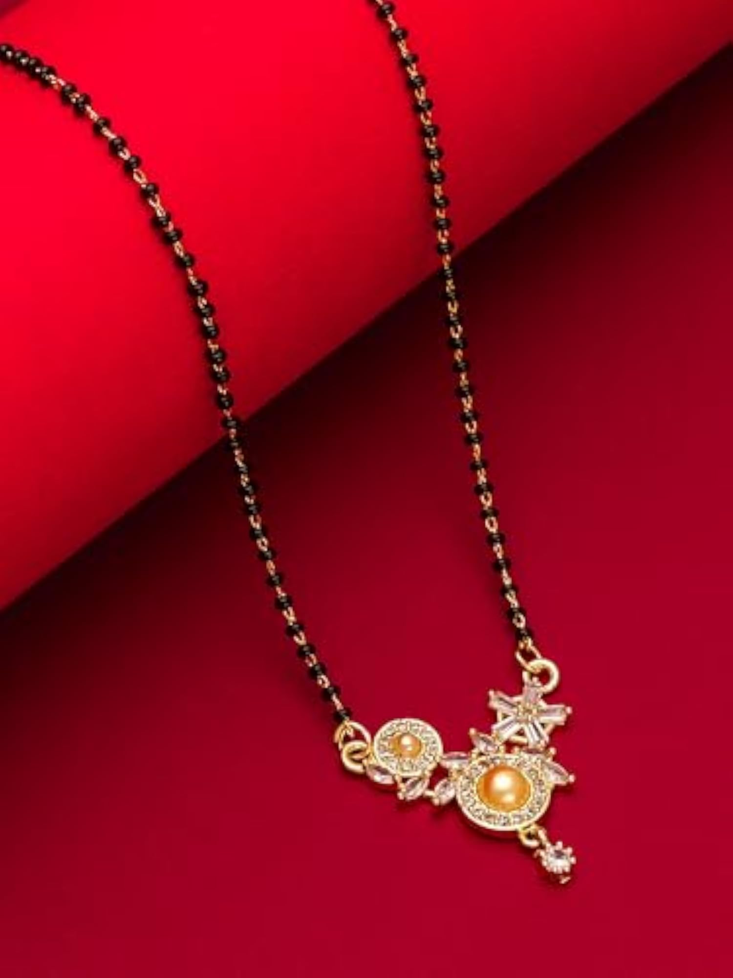 Women's Gold Plated White Stone & Black Beaded Mangalsutra