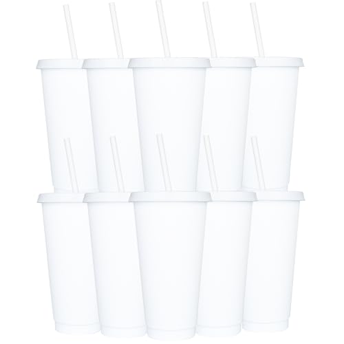 Yisituo 24 oz Reusable Plastic Cups, 10 Pack Cold Cups with Lid and Straw, Tumblers Travel Mugs for Adults and Kids Party and Beach, Pool Gatherings (10, White)