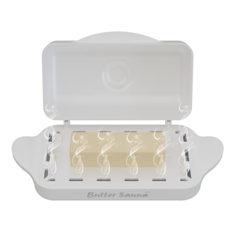 Butter Sauna™ Steam Powered Quick Butter Softening Dish with Flip-Top Lid & Matching Knife, Holds 2 Sticks/European, Tablespoon Measurements, Dishwasher Safe