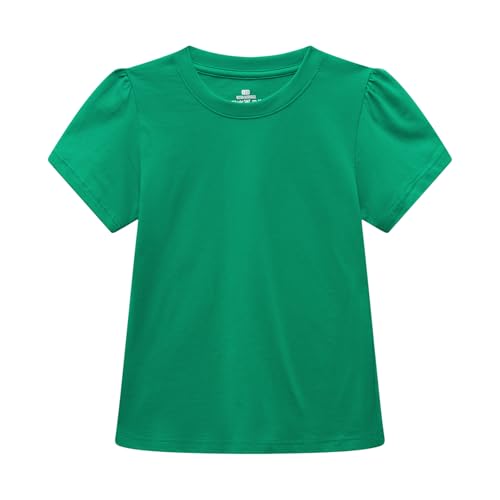 Family Feeling Girls Basic Short Tee Puff Sleeve Round Neck Cotton T-Shirt Green 10-11 Years