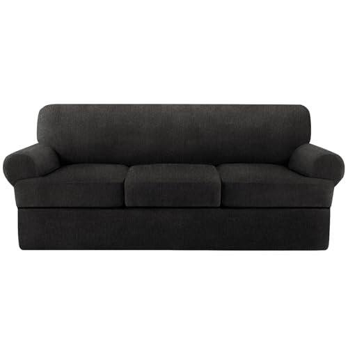 T Cushion Sofa Slipcover 4 Pieces Sofa Covers for T Cushion Couch Soft Sofa Slip Covers Furniture Protector with 3 Individual T Shape Seat Covers (Black, 3 Cushions)