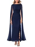 MAYFASEY Women's Sexy Off The Shoulder Elegant Long Sleeve High Split Mesh Ruched Formal Long Evening Party Maxi Dress with Cape Navy Blue M