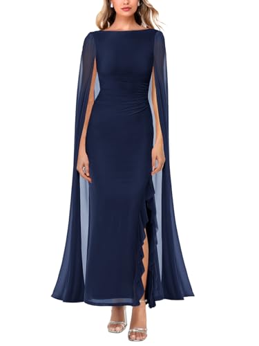 MAYFASEY Women's Sexy Off the Shoulder Elegant Long Sleeve High Split Mesh Ruched Formal Long Evening Party Maxi Dress with Cape Navy Blue XL
