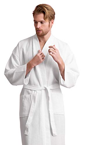 Men's Robe, Long Waffle Spa Bathrobe, Square Pattern (White, Large/One Size) #TOP1