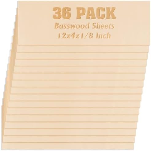 36 Pack Basswood Sheets Plywood Board 1/8 Inch Unfinished Wood,3mm Plywood for Laser Cutting,Boards for Crafts for DIY Plywood Sheets Unfinished Wood Boards for Laser Cutting (12inchx4inch)