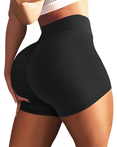 Hohe, taillierte Workout-Shorts für Frauen, gerüschter Po, Gewichtheben, Lounge-Shorts, Bauchkontrolle, Hotpants - Schwarz - Mittel Cover