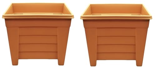 Image of Optimal Products Long Trough/Oval/Square Plant Pot Plastic Planter Indoor Home Outdoor Garden Window Herb Flower Box (2, 38cm Square Planter Terracotta)