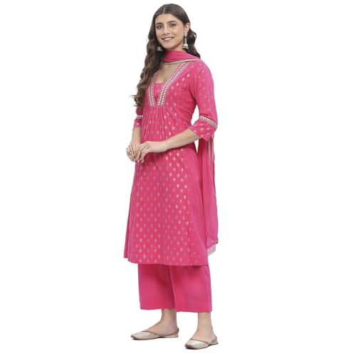 Image of BIBA Women Cotton Gathered Printed Suit Set