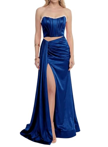 Robe de bal en satin femme bleu marine avec fente corset ZMM021 taille 38