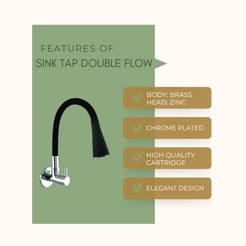 10X Sink Tap for Kitchen BL-9876 Flexible Neck Black Color Wall Mount, Chrome Finish (Double Flow), Metal