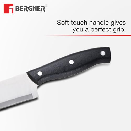 Image of Bergner Dusseldorf 7 Pcs Stainless Steel Knife Set - Chef Knife, Slicing Knife, Tomato Knife, Utility Knife, Paring Knife, Scissors and Wooden Block, Durable, for Kitchen and Restaurants - Black