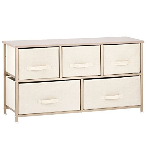 Mdesign 21.65" High Steel Frame/Wood Top Storage Dresser Furniture Unit With 5 Removable Fabric Drawers - Wide Bureau Organizer For Bedroom, Living Room, Closet - Lido Collection, Cream/Gold #TOP7