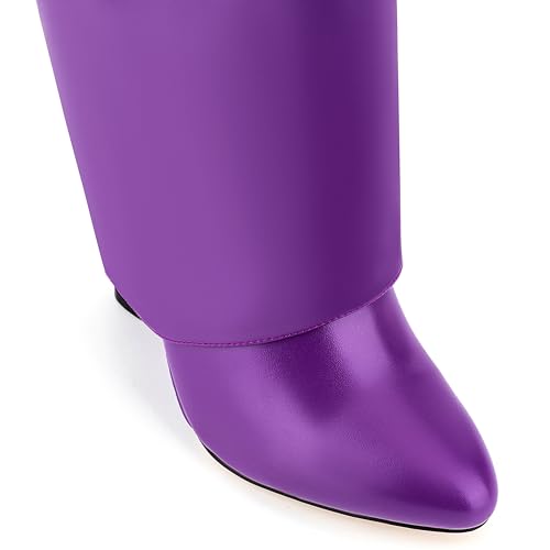 Image of Fold Over Knee High Boots for Women Pointy Pull-on Wedge Heel Knee Shark Boot With Side Zipper Covered Wedge Heel Padlock Boot