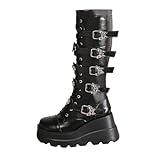 Bottes Femme Gothiques Compensées Bout Rond Plateforme Cuir Lacets Boucles Bottes Rétro Fermeture Éclair Semelle Antidérapante Tendance Chic Chaussures Femme 37