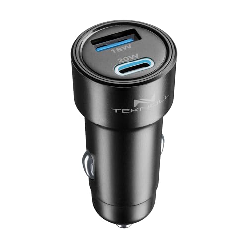 Teknoll - Cargador rápido de 20 W - 2 Puertos: USB 18 W Carga Adaptable + USB-C 20 W Power Delivery - LED Activo - Carga Segura en el Coche - Apto para Todos los Smartphones - Negro