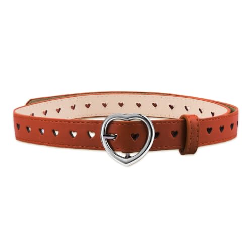 Brown Boho Western Leather Belts for Girls Women Vintage Western Cowgirl Belt for Dress Skirts Y2k Heart Shaped Buckle Thin Adjustable Belt for Girls Women Cowgirl Boho Southwestern Waist Belts Goth
