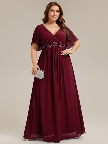 Image of Ever-Pretty Short Sleeves V Neck Plus Size Formal Dresses for Curvy Women Chiffon Mother of The Bride Dress Evening Gowns