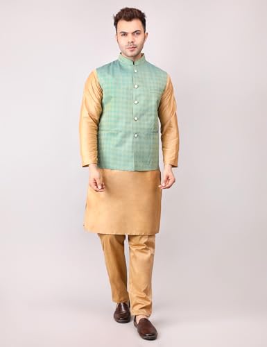 Image of Men's Cotton Silk Blend Regular Kurta Pyjama, Embroidered Nehru Jacket /Waistcoat Set