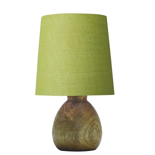 Image of Wooden Bedside Table Lamp with Fabric Shade, Warm Ambient Light, Handmade Mango Wood Base, Rustic Farmhouse Design, Cute Dowel Green, 15 x 15 x 25 cm