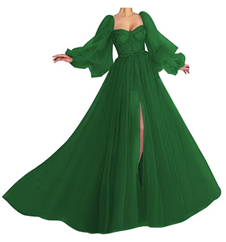 green fluffy dress Charming Dark Green Puffy Sleeves Long Evening Gown, Satin Floor Lengt –  Cutedressy main image 1