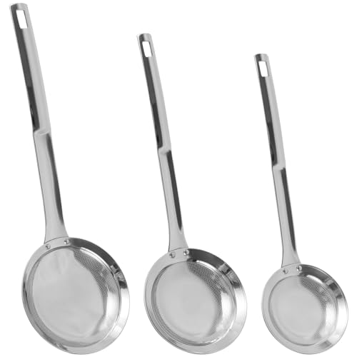Foppla Colador de malla fina de acero inoxidable con mango largo, colador de malla fina, colador multifuncional de malla de cocina, colador de alimentos para filtro de aceite y espuma (juego 2)