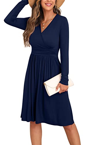 Grecerelle Women Dresses, Long Sleeve Casual Fall Dress, V-Neck Party Dress(Navy Blue, Medium) #TOP2