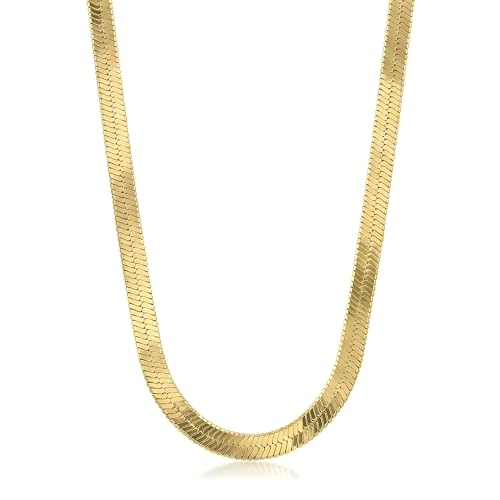ONTHOLOGIE, 11 mm Herringbone Chain Necklace for Women Men 18K Gold Over Italian 925K Stamped Solid Sterling Silver, Flat Snake Chain, 16 Inch