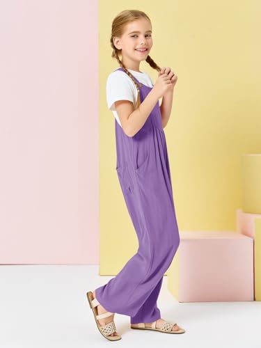 Image of Haloumoning Girls Overalls Kids Casual Sleeveless Wide Leg Jumpsuit Loose Rompers with Pockets 5-14 Years