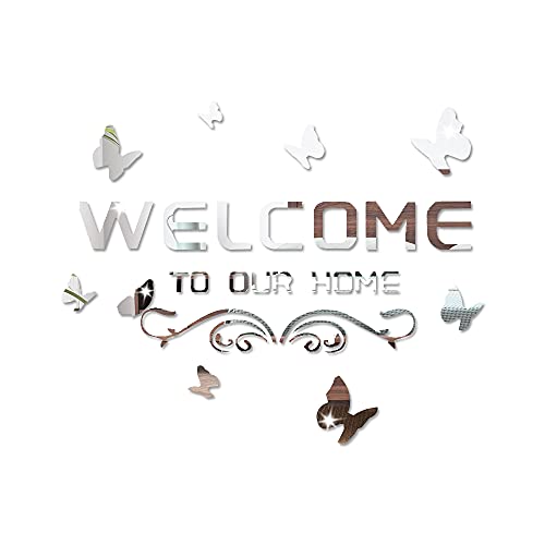 Welcome to Our Home Autocollants muraux en acrylique avec papillons et vignes, autocollants muraux amovibles pour salon, porte, décoration de porche (argent)