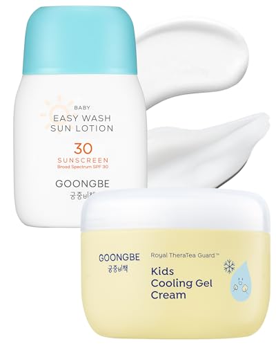 Image of GOONGBE Baby Kids Easy Wash Sun Lotion SPF 30 & Cooling Gel Cream - Zinc Oxide Mineral Sunscreen & 3-Second Soothing Relief - Vegan Hypoallergenic for Sensitive Skin, 2.11oz & 3.38oz