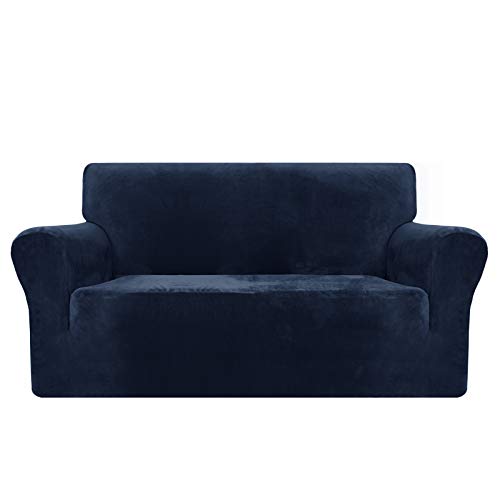 MAXIJIN Housse de canapé en Velours 2 Places Housses de Causeuse antidérapantes Extensibles pour Salon Chat en Peluche Love Seat Housse de Protection de Meubles élastique (2 Places, Bleu Marine) Cover