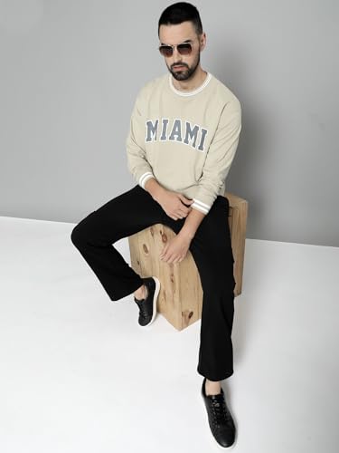 Image of Maniac Mens Miami Printed Round Neck Beige Fullsleeve Cotton Oversized T-Shirt