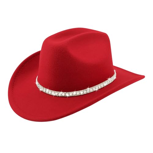 FeMereina Felt Cowgirl Hat with Rhinestone Belt Trendy Western Cap Party Jazz Cap for Women Men (Red ONE Size)