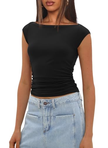 Darong Women's Summer Boat Neck Tops Cap Sleeve Slim Fitted Modal Basic Tee Trendy Casual Shirts3