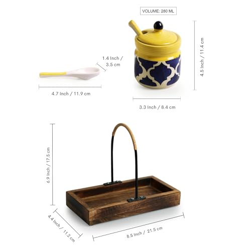 Image of ExclusiveLane 'Moroccan' Ceramic Pickle Jars For Dining Table With Spoon & Wooden Tray (Set of 2,280 ML) |Ceramic Jars For Kitchen Storage Pickle Holder Pickle Jars For Storage,Multicolor