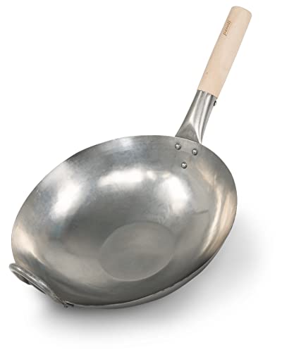 pasoli Wok | Fond plat | Pour cuisinière (y compris induction) | 30 cm de diamètre | Wok traditionnel en acier au carbone martelé à la main | Poignée en bois | Revêtement anti-adhésif naturel