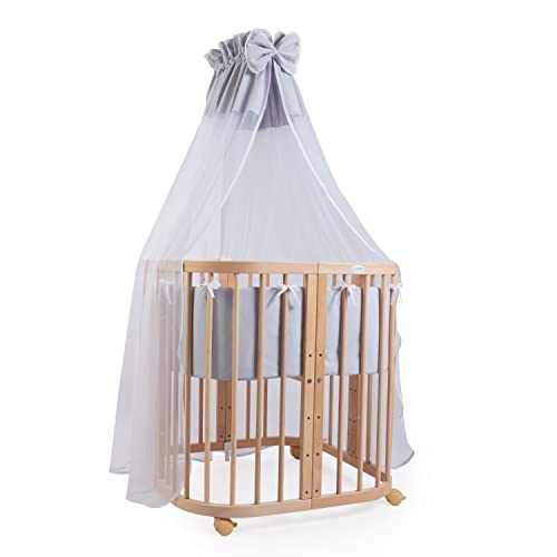 Waldin Babybett aus Holz 7in1 mit Matratze, Mitwachsendes Kinder-Bett, Belüftet, Boden 5-Fach Verstellbar, All-Inclusive-Set, Holz Natur, Stoffe Grau