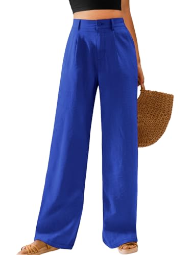 Feiersi Womens Casual Wide Leg Pants High Waisted Button Down Straight Long Trousers Palazzo Pants(Royal Blue X-Large)