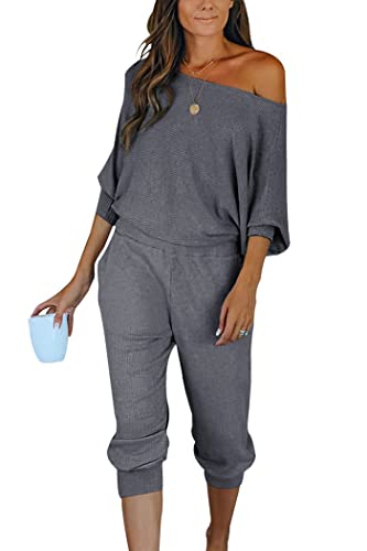 PRETTYGARDEN Women's 2 Piece Ribbed Tracksuit Outfits Off Shoulder Long Sleeve Pullover Lounge Pants with Pockets (Grey Blue,XX-Large)