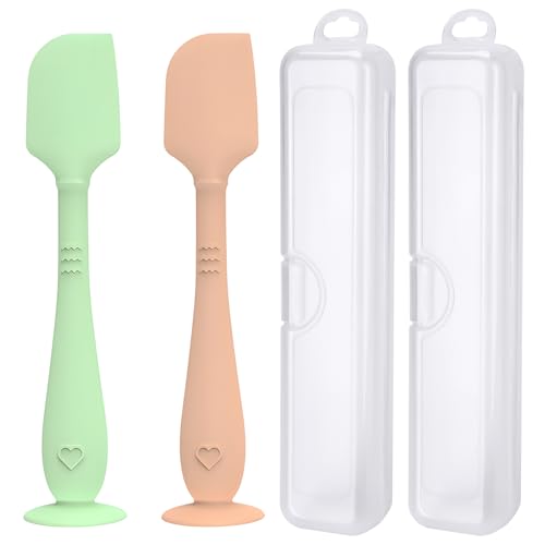 Image of 2 Pack Diaper Cream Spatula with Hygienic Travel Case, Butt Spatula Baby with Suction Base, Baby Butt Paste Spatula, Soft Silicone Diaper Rash Cream Applicator Large Size (Green & Brown)