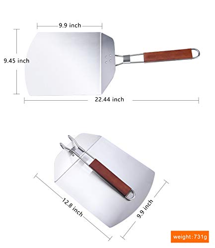 10 Inch Aluminum Pizza Peel, Metal Pizza Spatula Paddle with Foldable Wood Handle and Pizza Cutter for Baking Homemade Pizza and Bread