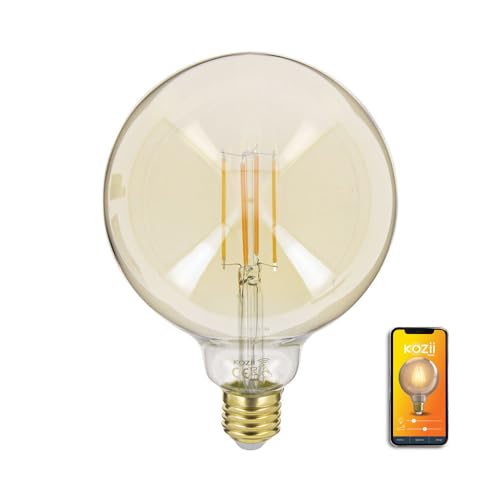 KOZII, Ampoule LED Connectée E27 G125 Filament Verre Ambré 5,5W, Éclairage Multi-Blancs avec Variation de Luminosité, Idéale pour Décoration Intérieure et Ambiance Personnalisée.