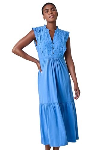 Roman Originals Broderie Frilled Cotton Midi Dress for Women UK - Ladies Everyday Holiday Spring Summer V-Neckline Comfy Soft Evening Vacation Work Party - Light Blue - Size 18