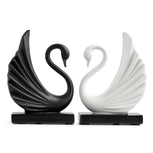 Modern Swan Couple Sculptures, Black and White Resin Swan Couple