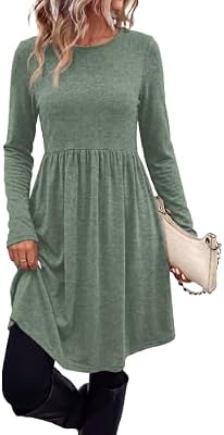 OFEEFAN Women's Pleated Fall Dress – Crew Neck Long Sleeve Sweater with Pockets, Green, Medium – Per...